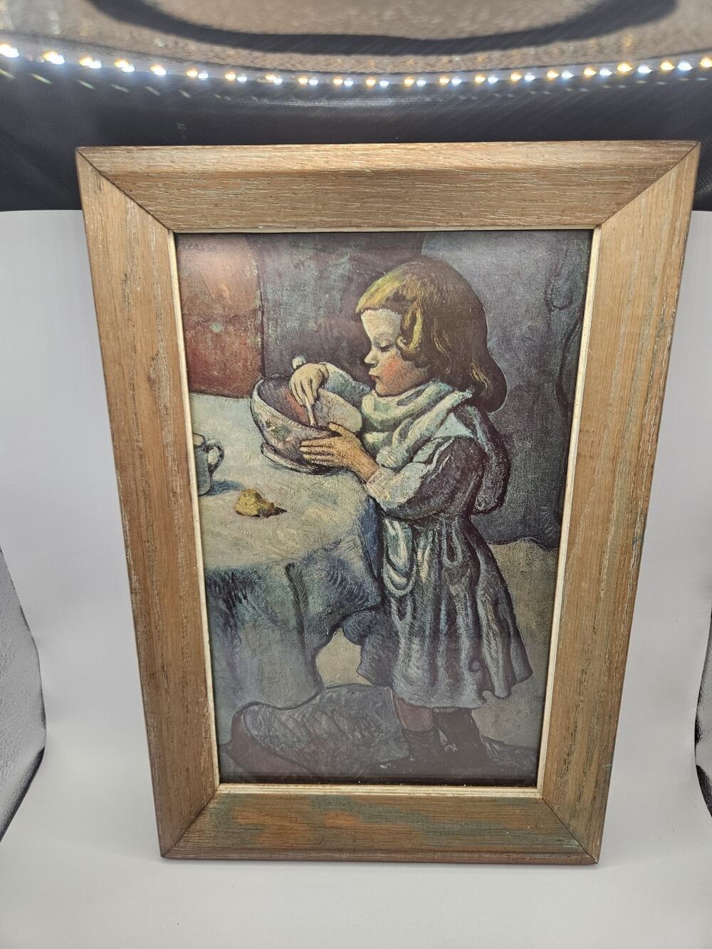 Vintage Framed Print Little Girl Stirring Mixing Bowl Kitchen Decor 14"x9.5"